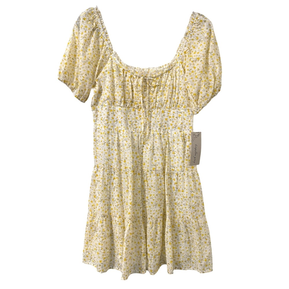 Kingston Grey Tiered Mini Dress Womens L Yellow Floral Puff Sleeve NWT Romantic
